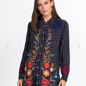 Johnny Was Tucson Navy Plaid Shirt With Pearl Snaps and Embroidery